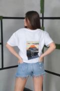 Unisex Bisiklet Yaka Baskılı Oversize T-Shirt- Beyaz resmi