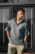Unisex Yarım Fermuarlı Yıkamalı T-Shirt - Gri resmi