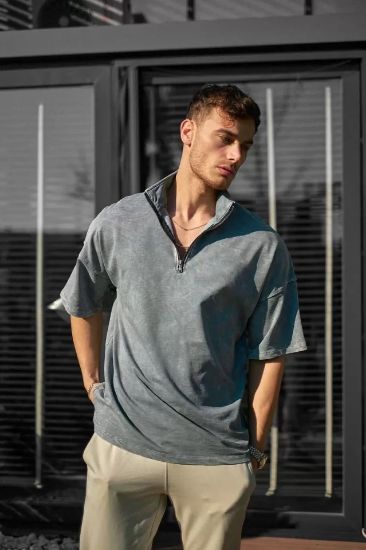 Unisex Yarım Fermuarlı Yıkamalı T-Shirt - Gri resmi