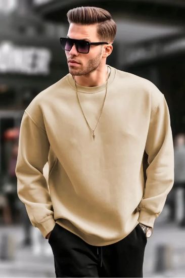 Erkek Düz Bisiklet Yaka Sweat - Bej resmi