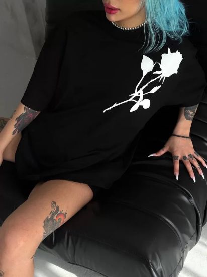 Unisex Bisiklet Yaka Baskılı Oversize T-Shirt - Siyah resmi