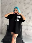 Unisex Bisiklet Yaka Baskılı Oversize T-Shirt - Siyah resmi