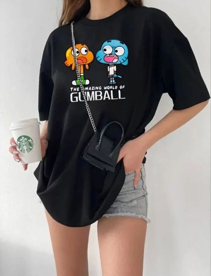 Bisiklet Yaka Baskılı Oversize T-Shirt - Siyah resmi