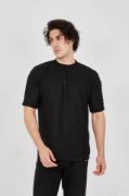 Unisex Waffle Kumaş Rahat Kol T-Shirt - Siyah resmi