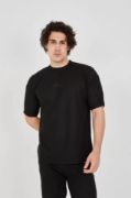 Unisex Waffle Kumaş Rahat Kol T-Shirt - Siyah resmi
