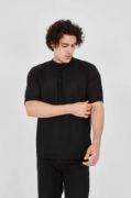 Unisex Waffle Kumaş Rahat Kol T-Shirt - Siyah resmi