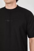 Unisex Waffle Kumaş Rahat Kol T-Shirt - Siyah resmi