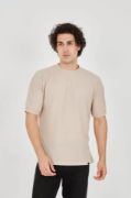 Unisex Waffle Kumaş Rahat Kol T-Shirt - Bej resmi