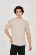 Unisex Waffle Kumaş Rahat Kol T-Shirt - Bej resmi