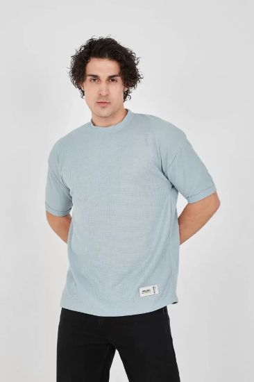 Unisex Waffle Kumaş Rahat Kol T-Shirt - Buz Mavisi resmi