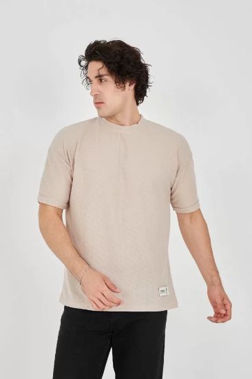 Unisex Waffle Kumaş Rahat Kol T-Shirt - Bej resmi