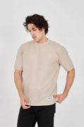 Unisex Waffle Kumaş Rahat Kol T-Shirt - Bej resmi
