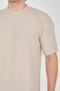 Unisex Waffle Kumaş Rahat Kol T-Shirt - Bej resmi