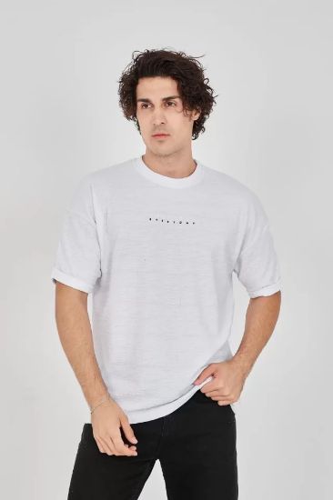 Unisex Jakar Kumaş Rahat Kol T-Shirt - Beyaz resmi