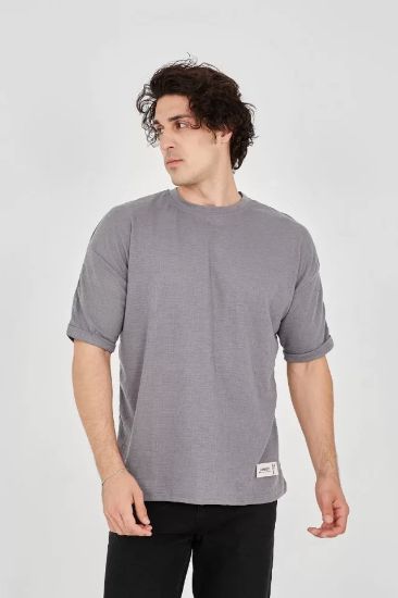 Unisex Jakar Kumaş Rahat Kol T-Shirt - Gri resmi