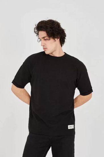 Unisex Jakar Kumaş Rahat Kol T-Shirt - Siyah resmi
