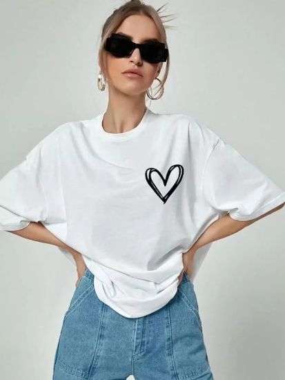 Bisiklet Yaka Baskılı Oversize T-Shirt - Beyaz resmi