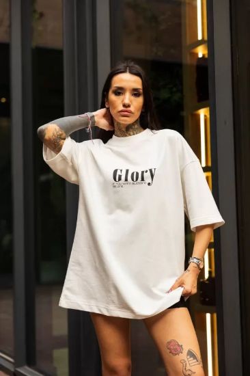 Unisex Bisiklet Yaka Baskılı Oversize T-Shirt - Beyaz resmi