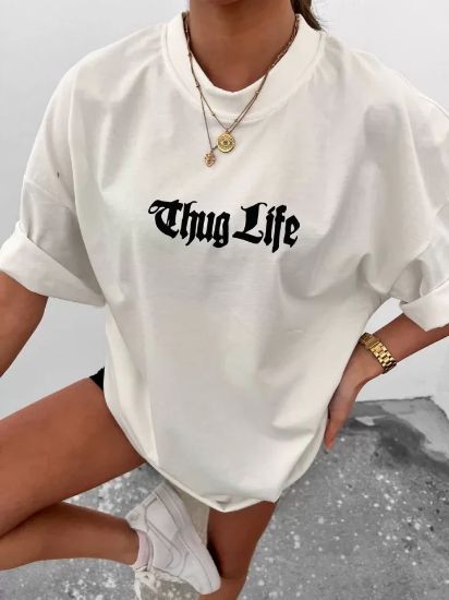 Unisex Bisiklet Yaka Baskılı Oversize T-Shirt - Beyaz resmi
