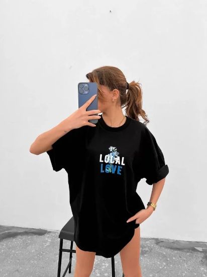Unisex Bisiklet Yaka Baskılı Oversize T-Shirt - Siyah resmi