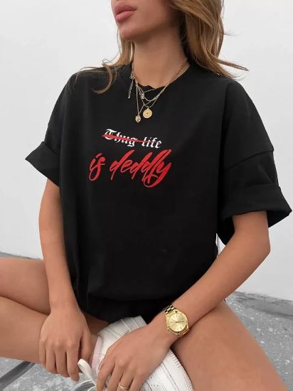 Unisex Bisiklet Yaka Baskılı Oversize T-Shirt - Siyah resmi