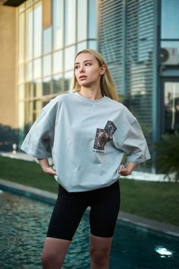 Unisex Bisiklet Yaka Baskılı Oversize T-Shirt - Boyalı Gri resmi