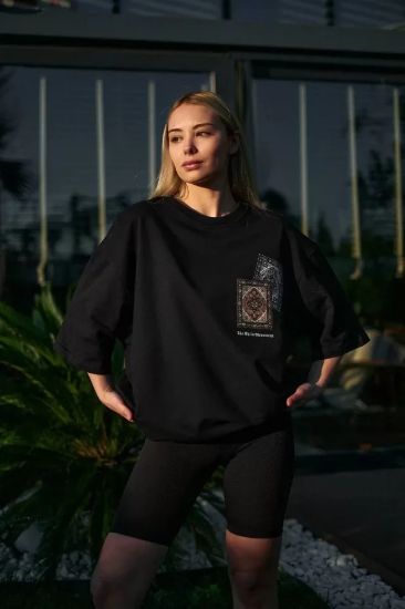 Unisex Bisiklet Yaka Baskılı Oversize T-Shirt - Siyah resmi