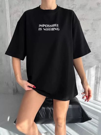 Unisex Bisiklet Yaka Baskılı Oversize T-Shirt - Siyah resmi