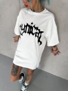 Unisex Bisiklet Yaka Baskılı Oversize T-Shirt - Beyaz resmi