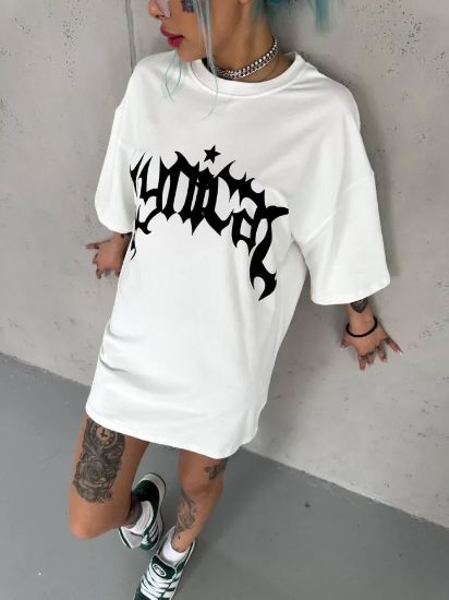 Unisex Bisiklet Yaka Baskılı Oversize T-Shirt - Beyaz resmi