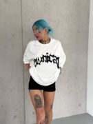 Unisex Bisiklet Yaka Baskılı Oversize T-Shirt - Beyaz resmi
