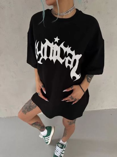 Unisex Bisiklet Yaka Baskılı Oversize T-Shirt - Siyah resmi