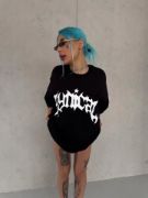 Unisex Bisiklet Yaka Baskılı Oversize T-Shirt - Siyah resmi