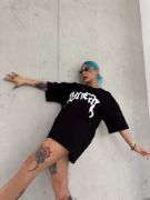 Unisex Bisiklet Yaka Baskılı Oversize T-Shirt - Siyah resmi
