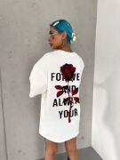 Unisex Bisiklet Yaka Baskılı Oversize T-Shirt - Beyaz resmi