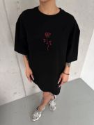 Unisex Bisiklet Yaka Baskılı Oversize T-Shirt - Siyah resmi