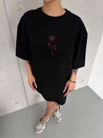 Unisex Bisiklet Yaka Baskılı Oversize T-Shirt - Siyah resmi