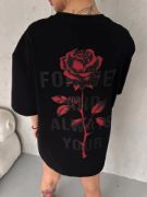 Unisex Bisiklet Yaka Baskılı Oversize T-Shirt - Siyah resmi