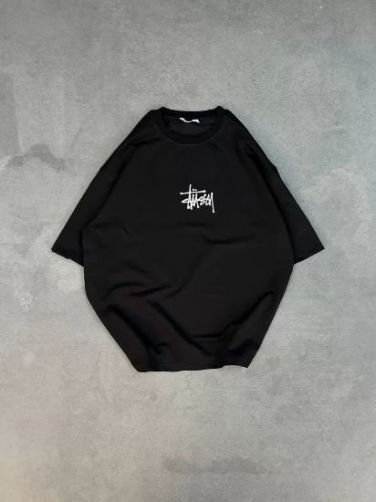 Unisex Bisiklet Yaka Baskılı Oversize T-Shirt - Siyah resmi
