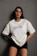 Unisex Bisiklet Yaka Baskılı Oversize T-Shirt - Beyaz resmi