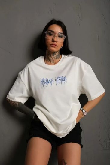 Unisex Bisiklet Yaka Baskılı Oversize T-Shirt - Beyaz resmi