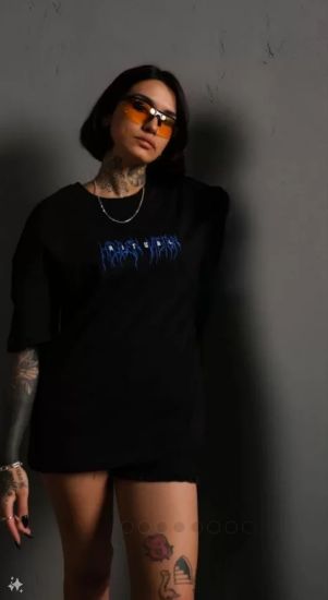Unisex Bisiklet Yaka Baskılı Oversize T-Shirt - Siyah resmi