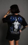 Unisex Bisiklet Yaka Baskılı Oversize T-Shirt - Siyah resmi
