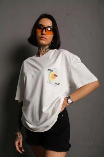 Unisex Bisiklet Yaka Baskılı Oversize T-Shirt - Beyaz resmi