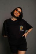 Unisex Bisiklet Yaka Baskılı Oversize T-Shirt - Siyah resmi