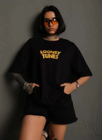 Unisex Bisiklet Yaka Baskılı Oversize T-Shirt - Siyah resmi