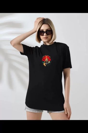 Unisex Bisiklet Yaka Baskılı T-Shirt - Siyah resmi