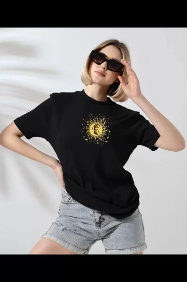 Unisex Bisiklet Yaka Baskılı T-Shirt - Siyah resmi
