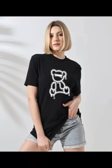 Unisex Bisiklet Yaka Baskılı T-Shirt - Siyah resmi