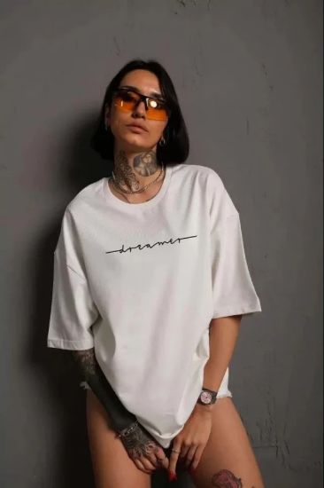 Unisex Bisiklet Yaka Baskılı T-Shirt - Beyaz resmi